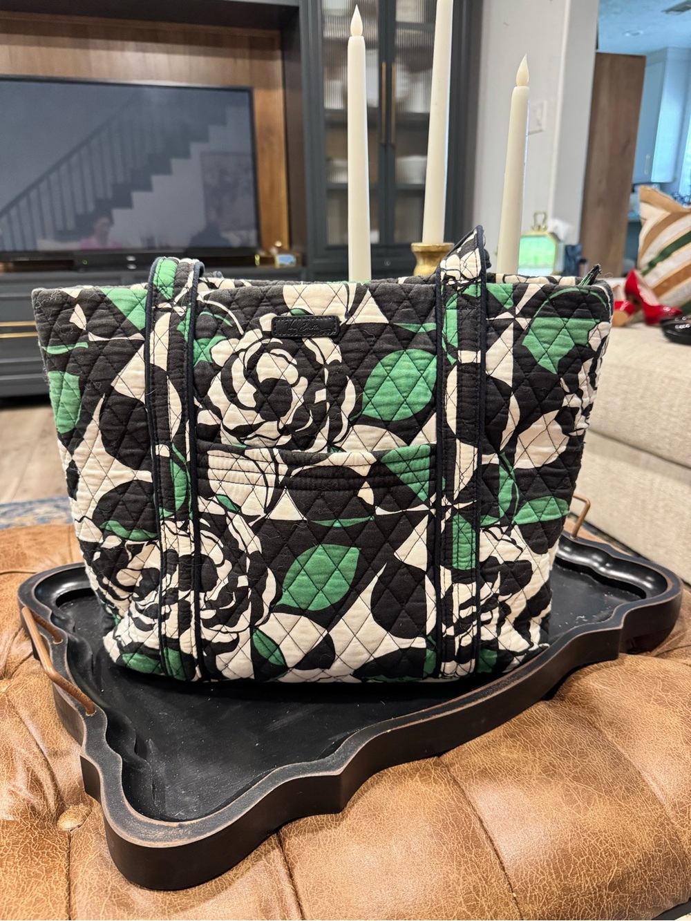 Vera Bradley Quilted Floral Tote in Black, White & Green